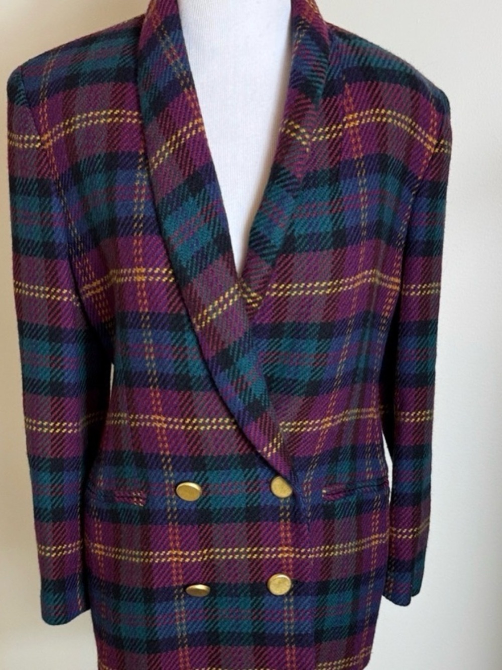 Gianni Sport Plaid Double-Breasted Wool Blazer Brushed Gold Buttons Vintage Sz 8